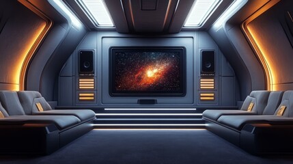 Vibrant home theater with minimalist gray walls, a starry night display on the TV, and a fully integrated sound system