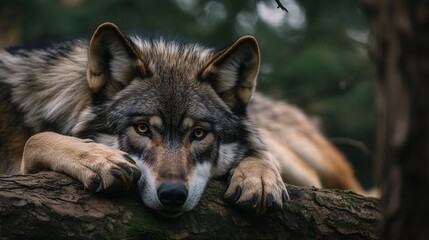 Obraz premium A wolf resting on a tree trunk, gazing forward with an intense yet calm expression, surrounded by forest.