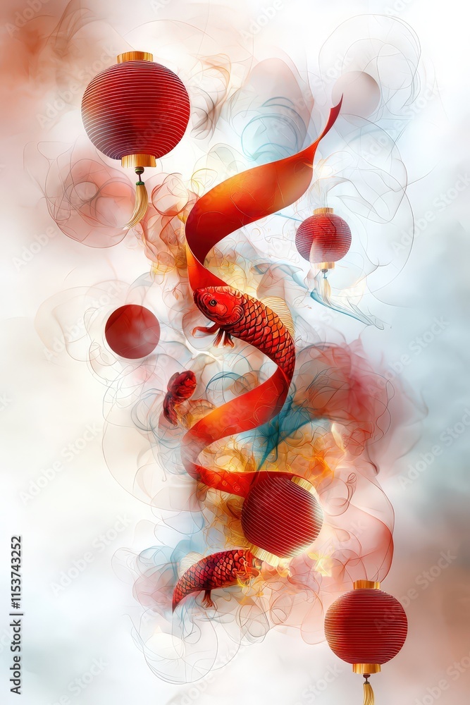 Poster snake weaving through floating red ribbons and lanterns in a dynamic design