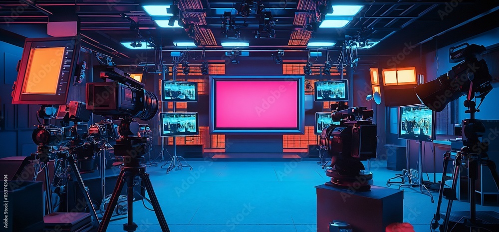 Poster a modern studio setup with cameras and screens for broadcasting or filming.