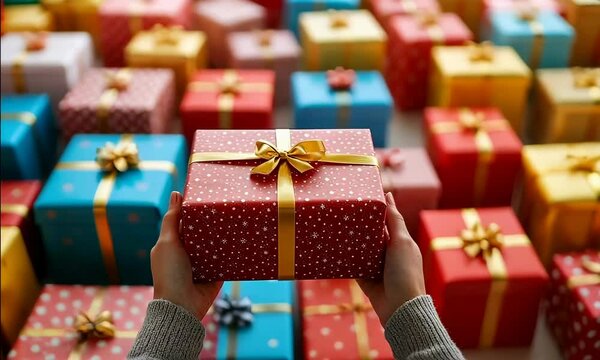 hand picking up a wrapped Christmas gift, set among a pile of colorful presents, in a clean and festive background.