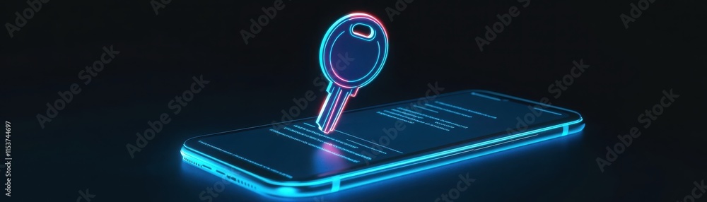 Poster a modern image of a glowing key above a smartphone, symbolizing digital security and access in the t