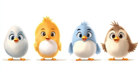 Obraz premium Four cute animated chicks and decorated eggs celebrate Easter, symbolizing rebirth, spring festivities, and the significance of family and community during this joyful holiday season