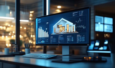 A modern workspace featuring a monitor displaying architectural design data.