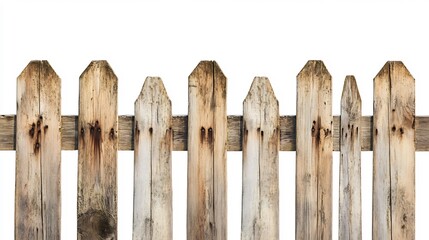 Rustic Wooden Fence Isolated on White Background: Weathered Picket Fence