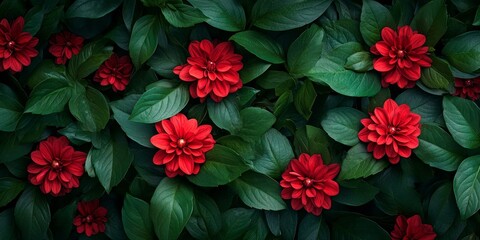 Vibrant red flowers paired with lush green leaves create a stunning display. These beautiful red flowers among fresh green leaves capture the essence of nature s beauty perfectly.