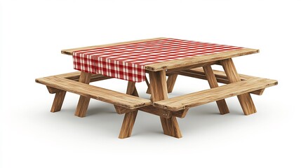 Rustic Wooden Picnic Table with Red and White Checkered Tablecloth