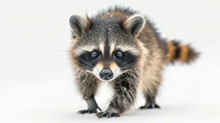 Obraz premium Adorable young raccoon walking in snow, facing camera.