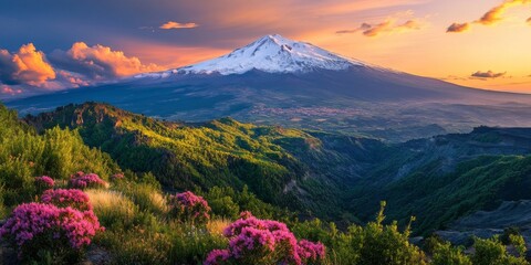 Snow capped Mount Etna illuminated by the warm hues of sunset creates a breathtaking scene. The majestic Mount Etna stands proudly with its snowy flanks as the sun sets, showcasing nature s beauty.