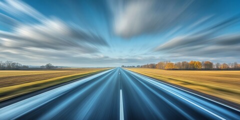 Driving at high speed along an empty road creates a stunning motion blur effect, showcasing the thrill of speed and the dynamic nature of driving in such an open space.
