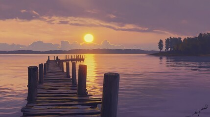 Obraz premium Design a photorealistic coastal sunset scene featuring a weathered wooden pier extending into calm waters. 