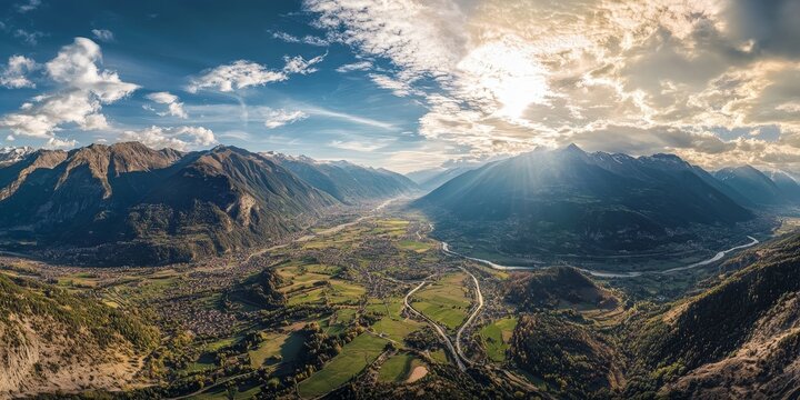 Aerial view showcasing a panoramic perspective to the west, highlighting the stunning landscapes of Teglio and Valtellina, perfect for capturing the essence of natural beauty in imagery.