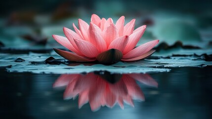 Peaceful pink lotus flower reflecting in dark water.