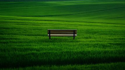 Tranquil Solitude: Wooden Bench Amidst Verdant Sea of Lush Greenery