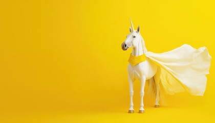 Majestic White Unicorn in Bright Yellow Background with Flowing Cape and Magical Aura