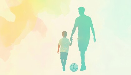 Silhouette of Father and Son Walking Hand in Hand with a Soccer Ball in a Colorful Background
