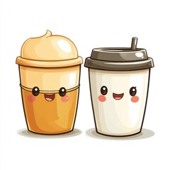 Two cute cartoon coffee cups, one with whipped cream.