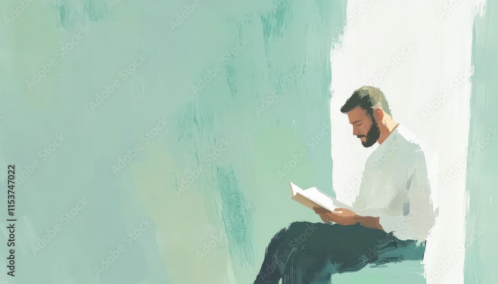 Poster thoughtful man reading book in minimalistic artistic style with soft green background
