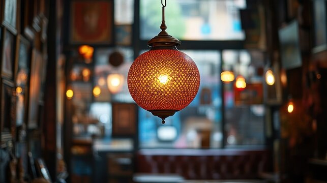 Red globe pendant lamp illuminates a vintage cafe interior.