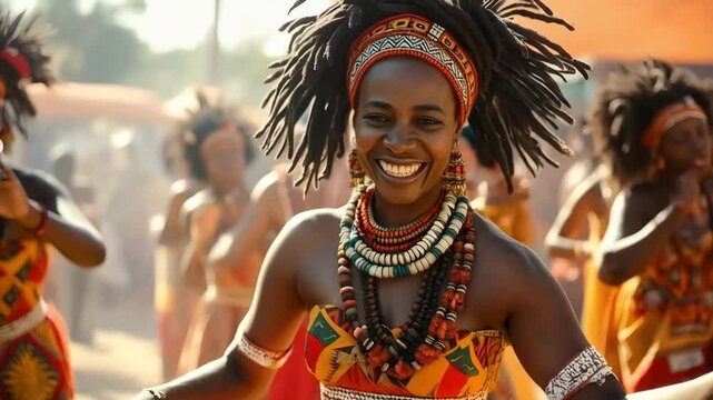 Zulu woman dressed in vibrant, patterned clothing with intricate beadwork, dancing joyfully at a cultural festival
