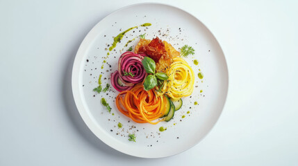 A cut-out style plated dish showcasing a gourmet vegetarian creation with rainbow-colored spiralized vegetables and golden crispy garnishes, accented with a light green herb sauce, on a glossy ceramic