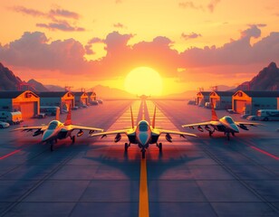 Fototapeta premium Sunset Airbase: Three Fighter Jets on Runway at Golden Hour