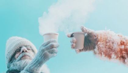 Elderly man and person celebrating warmth with hot beverages in winter against a bright blue background