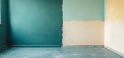 A partially painted room with contrasting wall colors and unfinished edges.