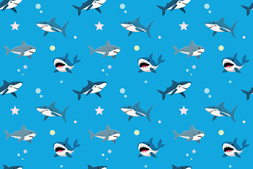 Obraz premium Cartoon Sharks Swim In A Blue Ocean Pattern