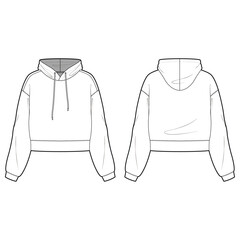 Fashion flat sketch template of girl's cropped sweatshirt. Oversize crop hoodie sweat with long sleeves. T-shirt with hoodie.