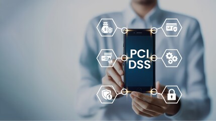 A businessman shows a smartphone with PCI DSS text and icons, illustrating payment gateway security, tokenization, and data encryption