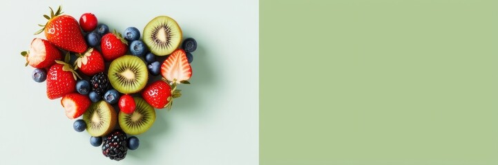Obraz premium Heart, formed from different berries and fruits like strawberries, blackberries, raspberries, kiwi and blueberries. Copyspace for text banner