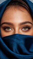 Fototapeta premium The image shows a close-up of an Arab woman's eyes The eyes are beautifully framed by deep blue cloth