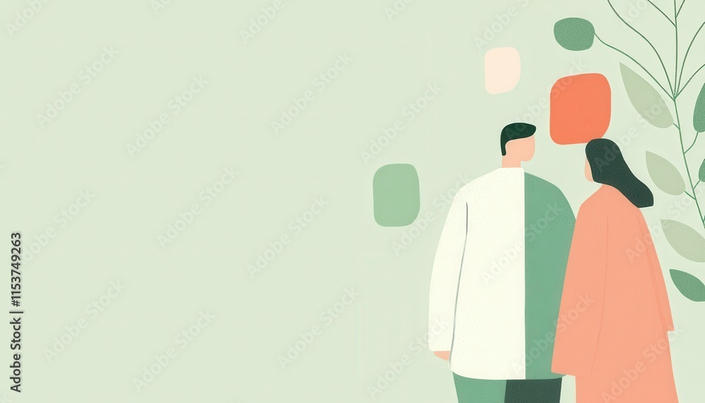 Poster abstract illustration of two figures sharing a moment in artistic style with soft colors and minimal