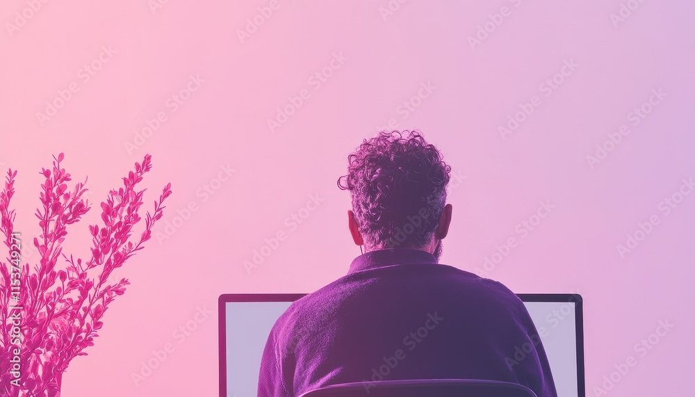 Poster man working on laptop in minimalist setting with pink toned background and plant in view