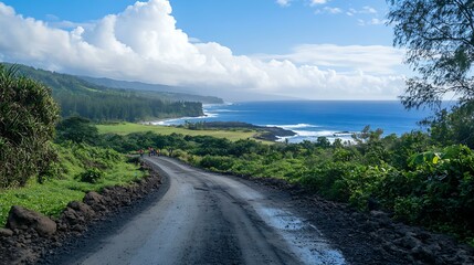 A scenic coastal road leading to a beach cleanup site, with volunteers visible in the distance