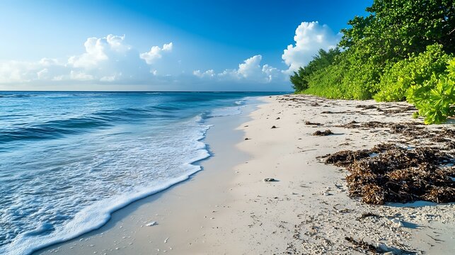 A serene image of the ocean and beach after being cleaned by volunteers
