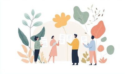Fototapeta premium Illustrative group of people discussing documents surrounded by nature elements and vibrant leaves in a soft modern design