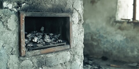 An Abandoned Room with a Charred Fireplace evokes feelings of nostalgia and desolation