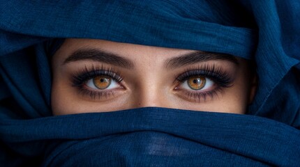 Fototapeta premium The image shows a close-up of an Arab woman's eyes The eyes are beautifully framed by deep blue cloth