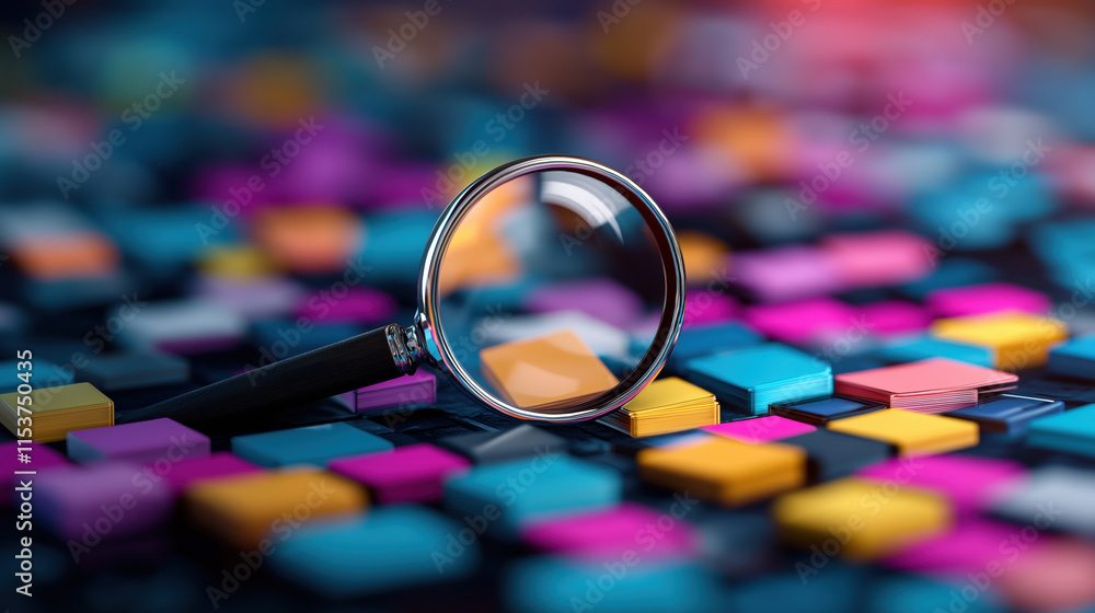 Poster a close-up view of a magnifying glass resting on a vibrant, multicolored surface filled with various