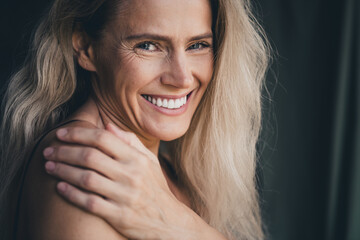 No filter studio photo of sweet pretty woman wear lingerie loving embracing herself isolated khaki...