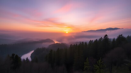 Obraz premium Spring Forest Mountain River in Sunset