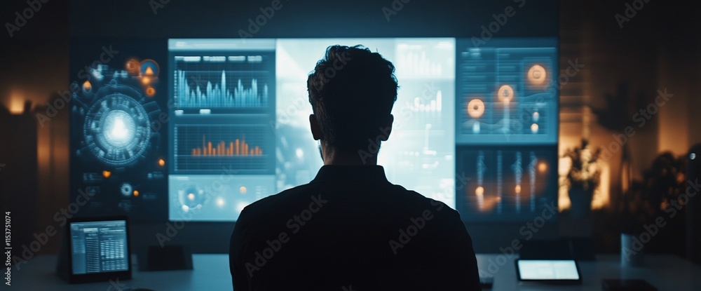 Poster a person analyzing data on a large screen in a dimly lit room.
