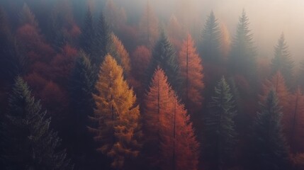 Obraz premium Aerial View of Vibrant Autumn Forest in Soft Lighting