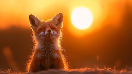 Fototapeta premium Happy red fox kit basking in sunset glow.