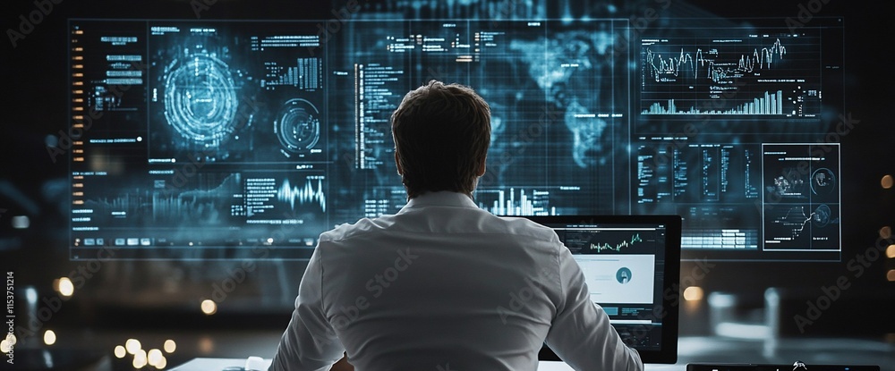 Poster a person analyzing data on futuristic screens in a high-tech environment.