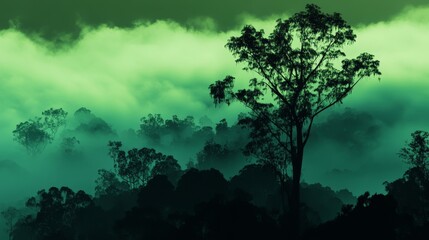 Fototapeta premium Lush green forest shrouded in mystical green fog with dense trees and tranquil natural atmosphere. Vector illustration showcasing serene wilderness and eco-friendly concepts