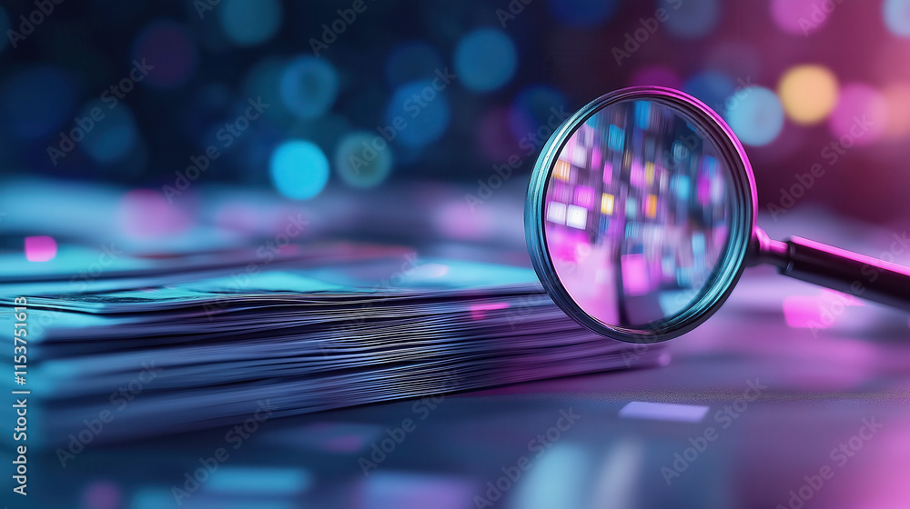 Poster a close-up of a magnifying glass over a stack of papers, illuminated by colorful bokeh lights, creat