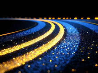 Fototapeta premium Abstract light lines of motion and speed with sparks of blue and yellow color. Light everyday luminous effect. Semicircular wave. Light trace curve swirl 